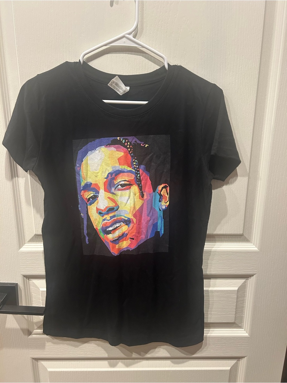 Black Short Sleeve Graphic Tee with Multicolor Portrait